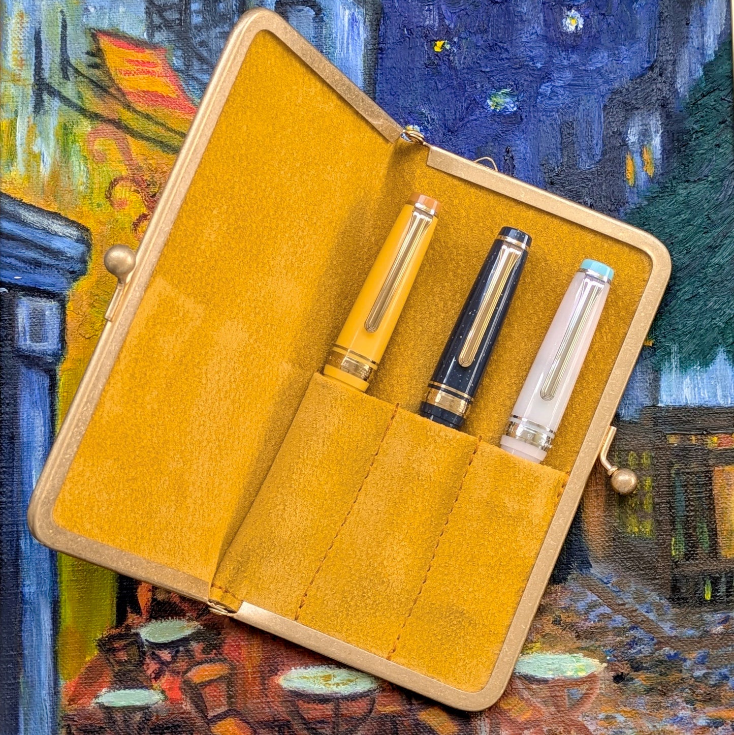 夜のカフェテラス 口金ペンケース ショート3本挿 BUNGUBOX x 編吟革盤舎