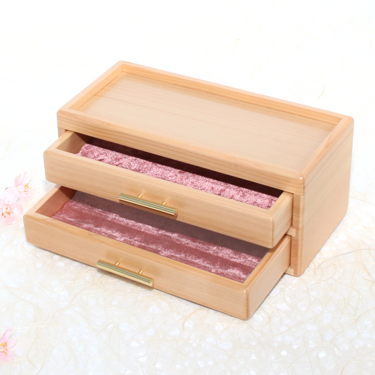 Hizakura Pen Box for 8, 2 drawers lined with Pink Cloth, BUNGUBOX, Toyooka Craft